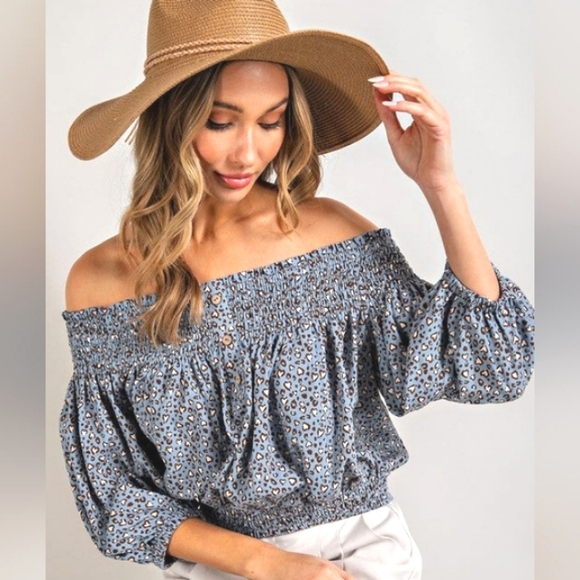 EE:SOME Smocked Leopard Heart Off Shoulder Puff Sleeve Top NWT - Picture 12 of 12